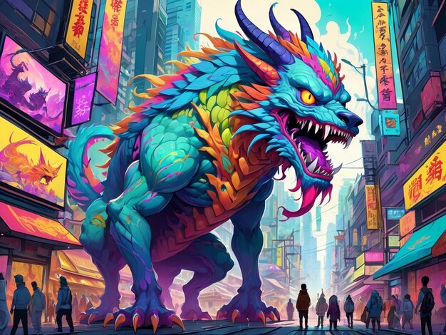 une peinture d'un monstre au milieu d'une ville hyperbeast design alebrijes esthétique