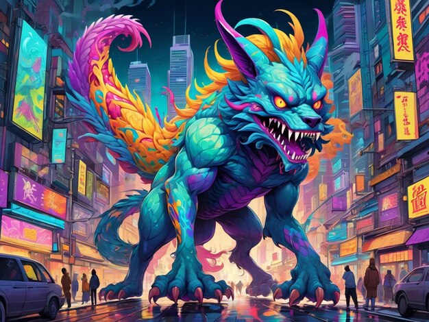 une peinture d'un monstre au milieu d'une ville hyperbeast design alebrijes esthétique