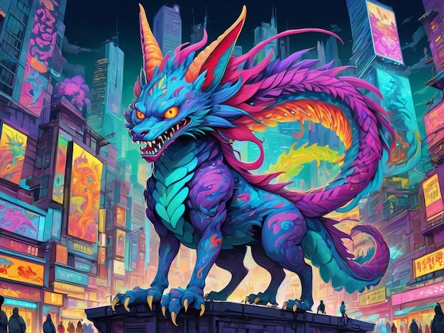 une peinture d'un monstre au milieu d'une ville hyperbeast design alebrijes esthétique