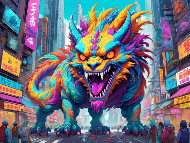 une peinture d'un monstre au milieu d'une ville hyperbête design alebrijes esthétique