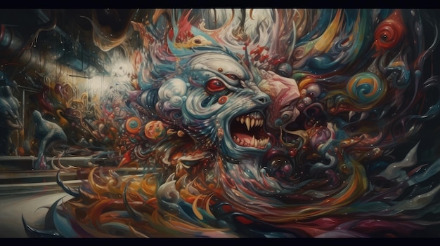 Une peinture d'un monstre avec un visage et beaucoup de couleurs.