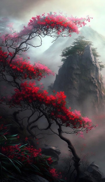 Peinture d'une montagne avec un arbre au premier plan ai générative