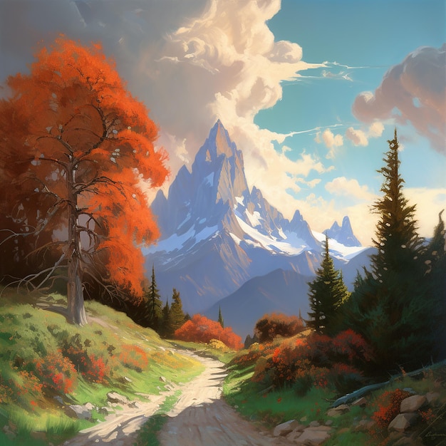 Une peinture d'une montagne avec un arbre dessus