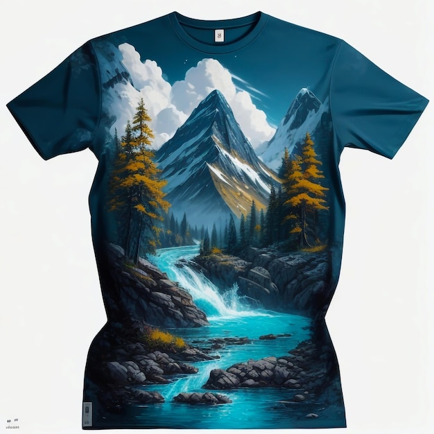 peinture d'une montagne avec des arbres et de l'eau imprimée sur un tshirt