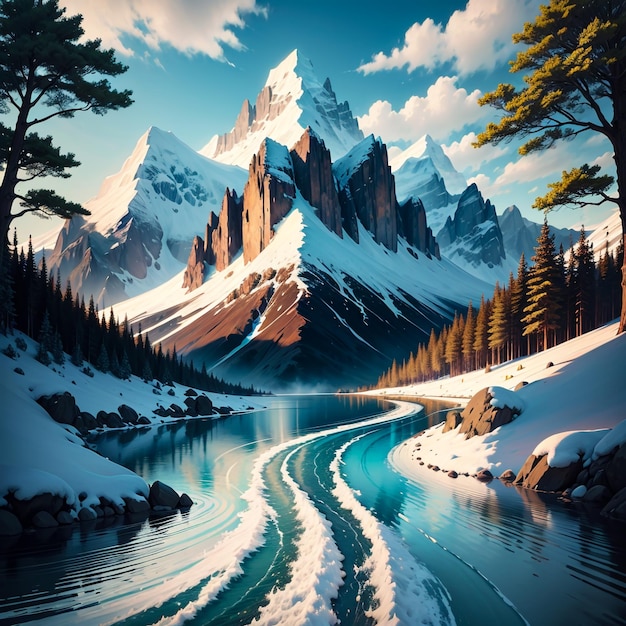 peinture d'une montagne avec des arbres et de l'eau