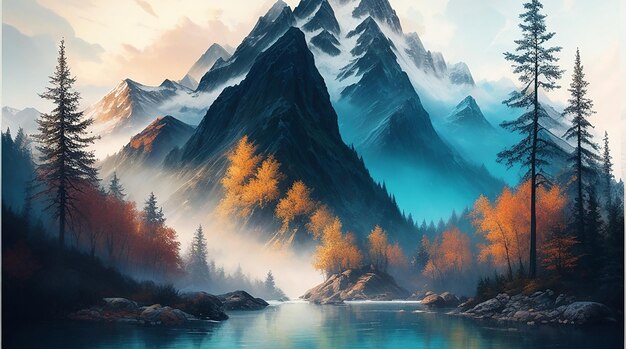 Peinture d'une montagne avec des arbres et de l'eau