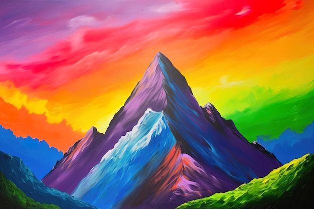 Une peinture d'une montagne arc-en-ciel avec le mot montagne dessus.