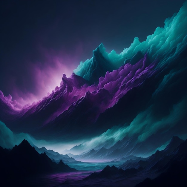 Une peinture d'une montagne aux couleurs violettes et bleues.