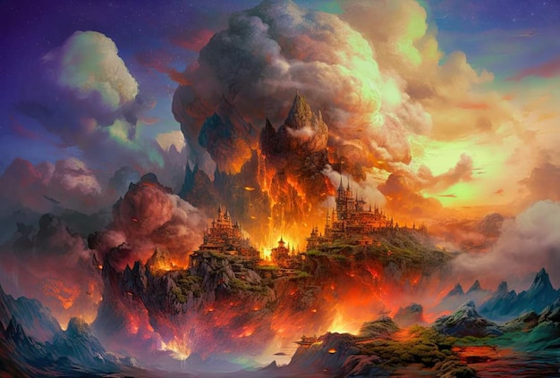 Une peinture d'une montagne avec un château dessus