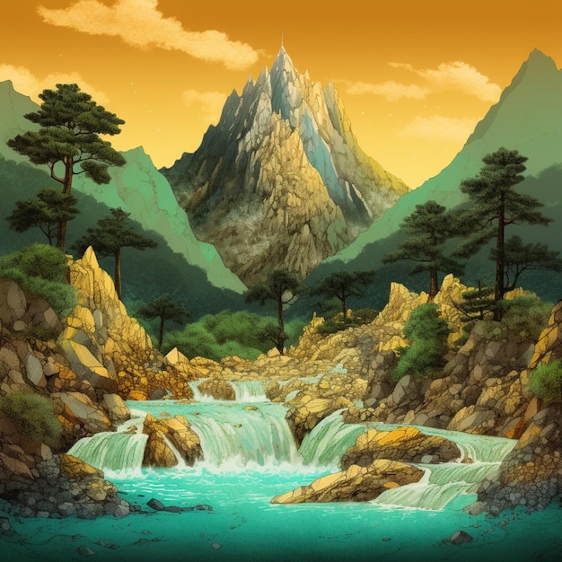 Une peinture d'une montagne avec une chute d'eau au milieu de celle-ci