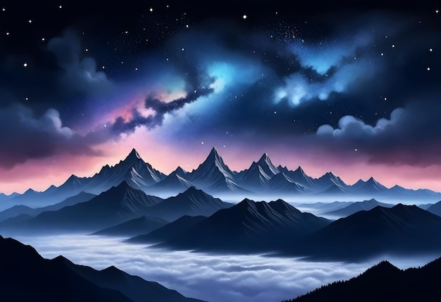 une peinture d'une montagne avec un ciel étoilé au-dessus