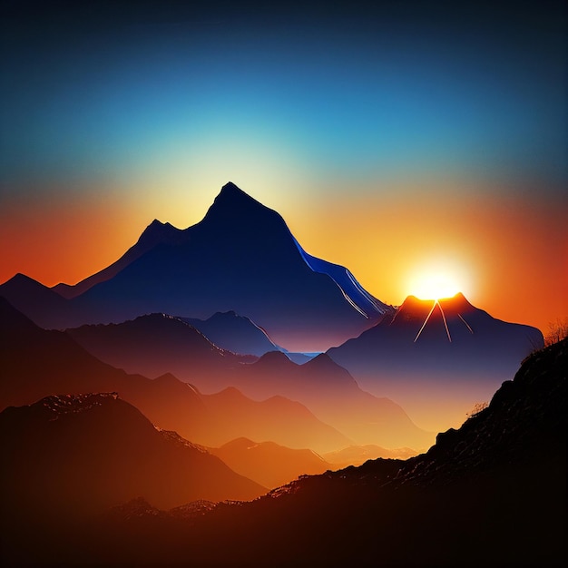 Une peinture d'une montagne avec le coucher du soleil derrière elle