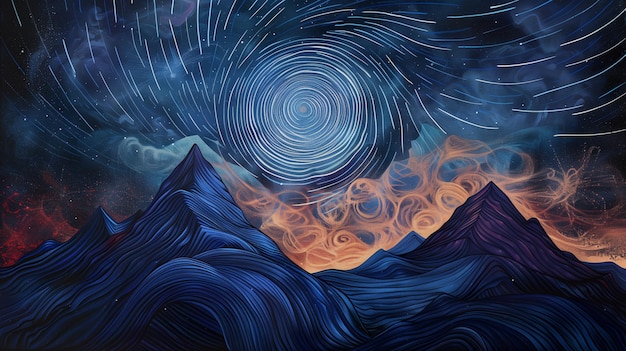 peinture d'une montagne avec un dessin en spirale et une étoile dans le ciel