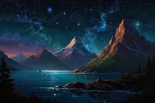 une peinture d'une montagne avec des étoiles dans le ciel