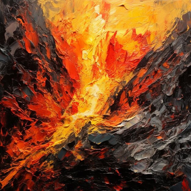 Peinture d'une montagne avec un feu et de la lave au milieu ai génératif