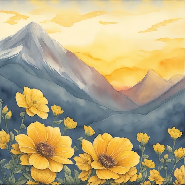 Une peinture d'une montagne avec des fleurs jaunes