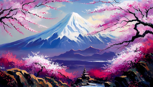 Une peinture d'une montagne avec des fleurs roses