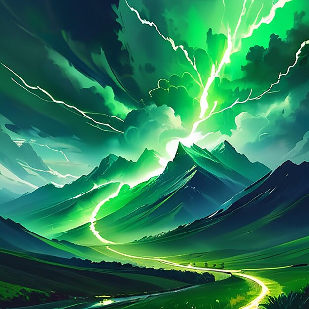 une peinture d'une montagne avec un fond vert avec un éclair