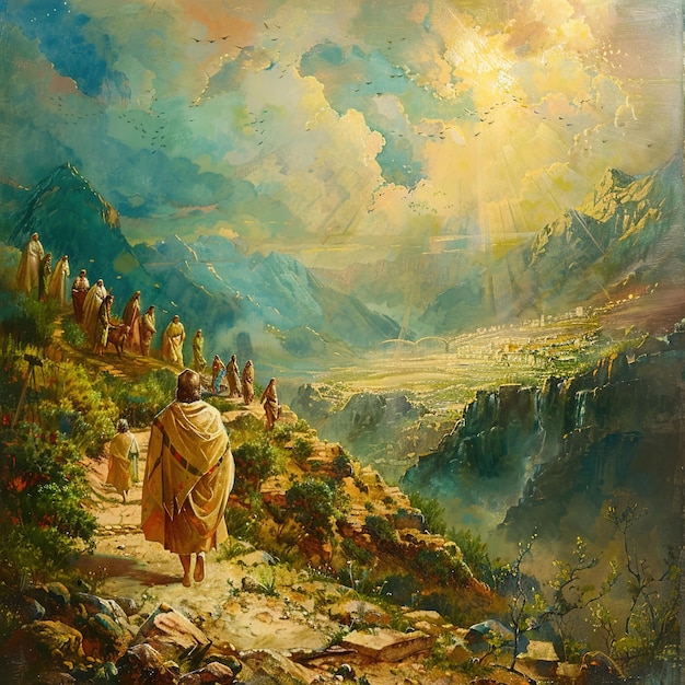 une peinture d'une montagne avec un homme qui y marche