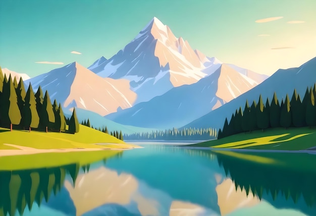 une peinture d'une montagne avec un lac et des arbres en arrière-plan