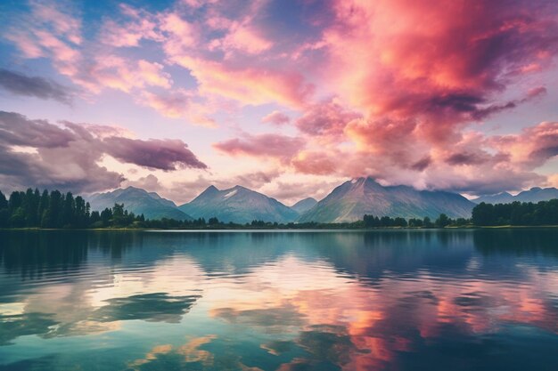 Photo une peinture d'une montagne avec un lac et des arbres en arrière-plan