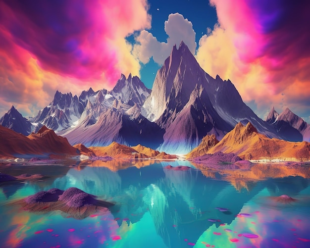 Une peinture d'une montagne et d'un lac avec un ciel violet et des nuages.