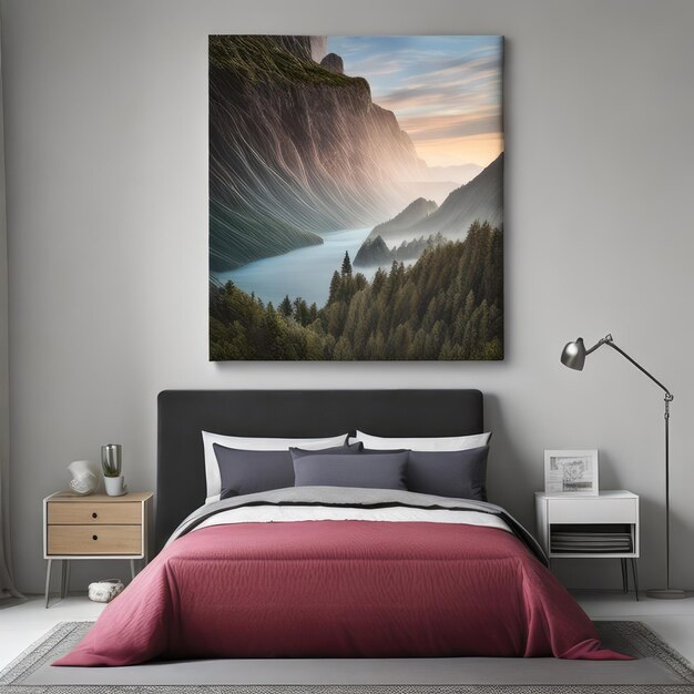 Une peinture d'une montagne et d'un lit avec une couverture rouge.