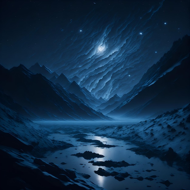 Une peinture d'une montagne avec la lune dans le ciel