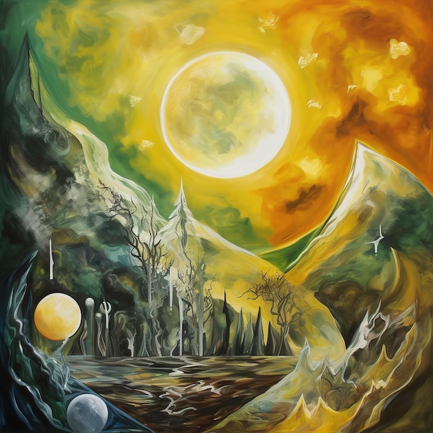 Une peinture d'une montagne et d'une lune avec le mot lune dessus.