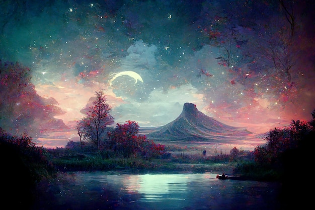 Une peinture d'une montagne et de la lune