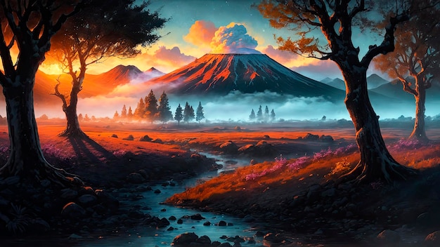 Une peinture d'une montagne avec une montagne en arrière-plan