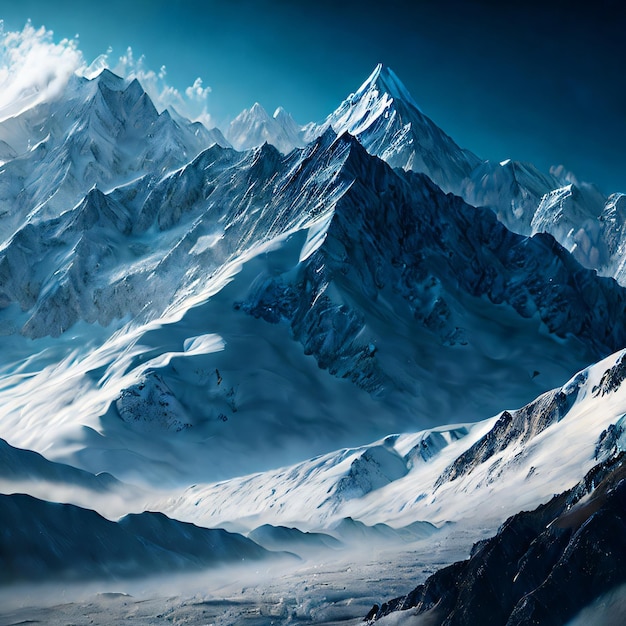 Une peinture d'une montagne avec de la neige dessus