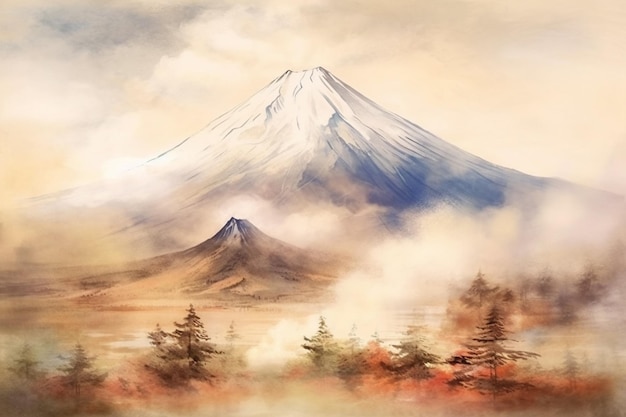 Photo peinture d'une montagne avec un nuage et des arbres au premier plan