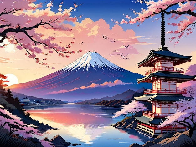 Photo une peinture d'une montagne avec une pagode au premier plan