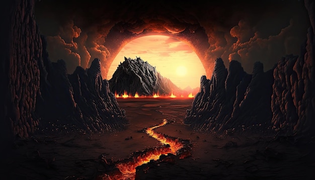 Une peinture d'une montagne avec un paysage sombre et une montagne sombre en arrière-plan.