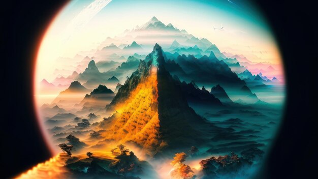 Une peinture d'une montagne avec une planète en arrière-plan