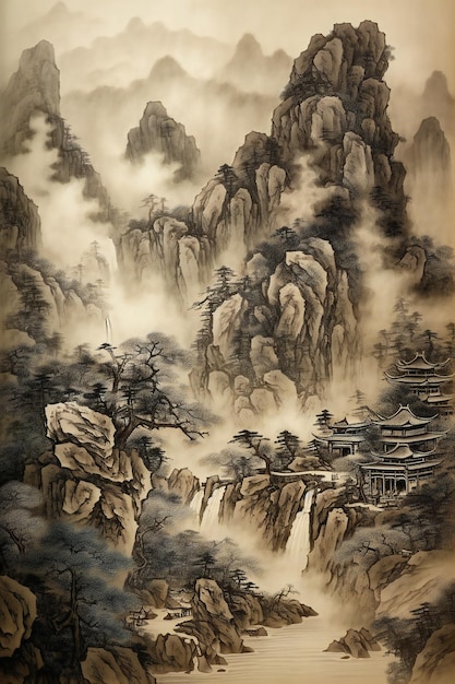 Une peinture d'une montagne avec un temple en arrière-plan