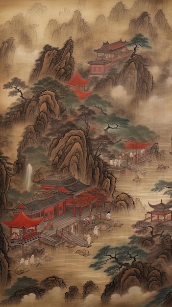 une peinture d'une montagne avec un toit rouge et une pagode rouge dessus