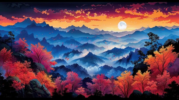 Peinture de montagnes, d'arbres et de pleine lune