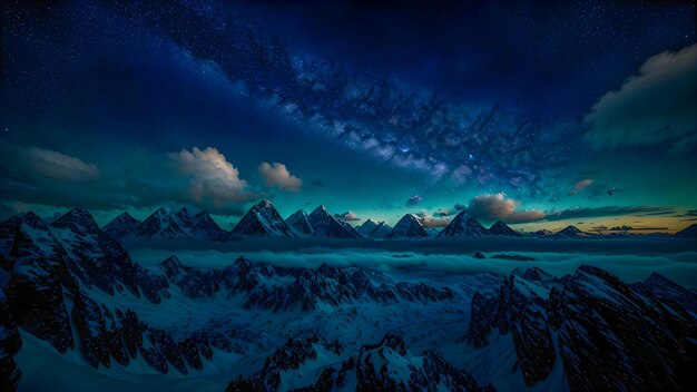 Une peinture de montagnes avec un ciel bleu et un ciel bleu foncé avec des nuages et une grande chaîne de montagnes