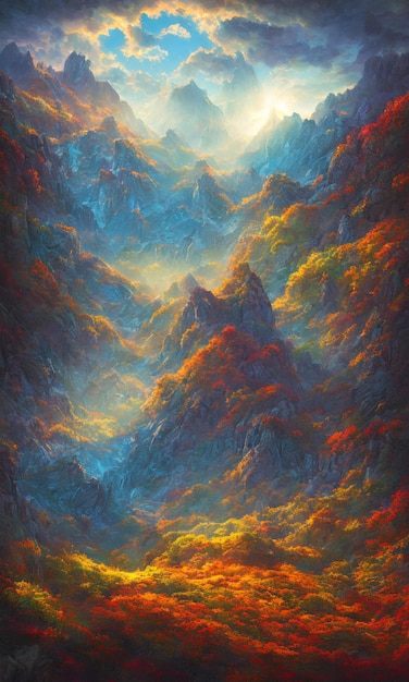 Une peinture de montagnes avec un ciel bleu et des nuages.