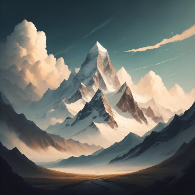 Une peinture de montagnes avec un coucher de soleil et des nuages.