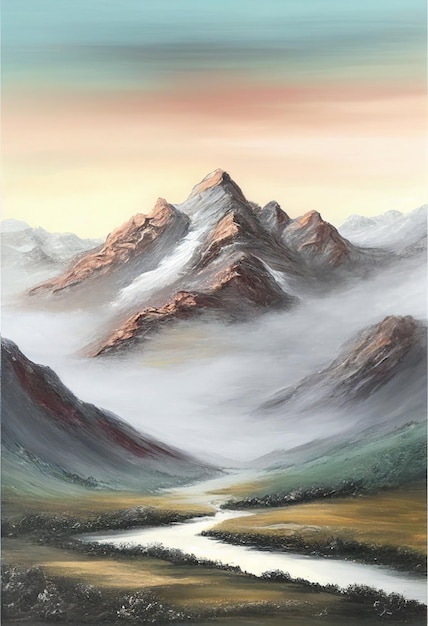 Une peinture de montagnes dans le brouillard avec les mots "la montagne" en bas.