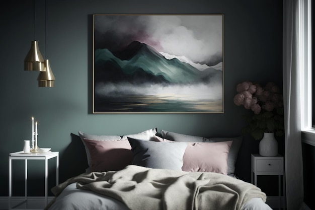 Une peinture de montagnes dans une chambre avec une lampe au mur.