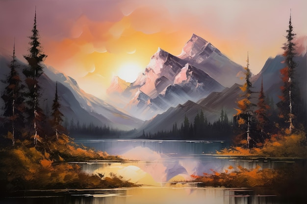 Une peinture de montagnes et d'un lac avec un coucher de soleil ai génératif