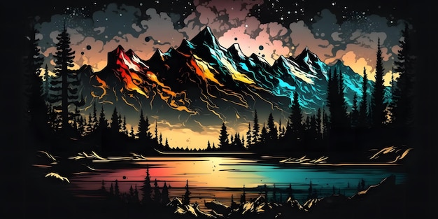 Une peinture de montagnes avec un lac et des montagnes en arrière-plan