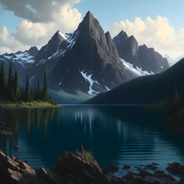 Une peinture de montagnes et d'un lac avec les mots générés par ai