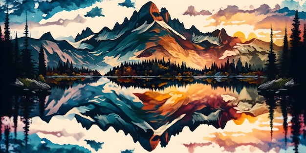 Une peinture de montagnes et d'un lac avec le reflet d'une chaîne de montagnes.