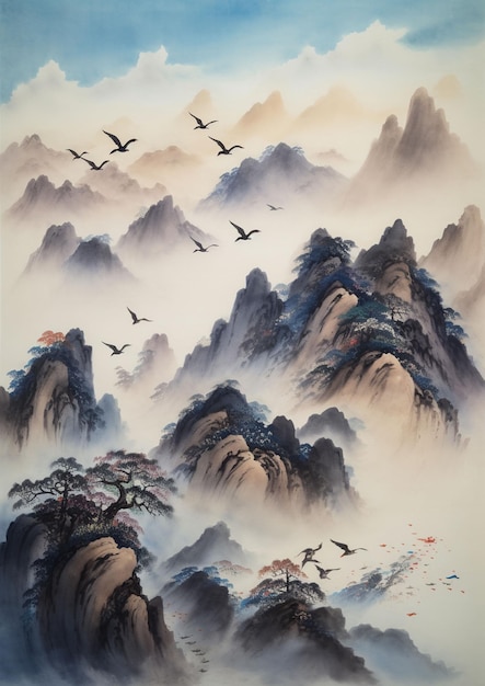 Une peinture de montagnes et d'oiseaux dans les nuages