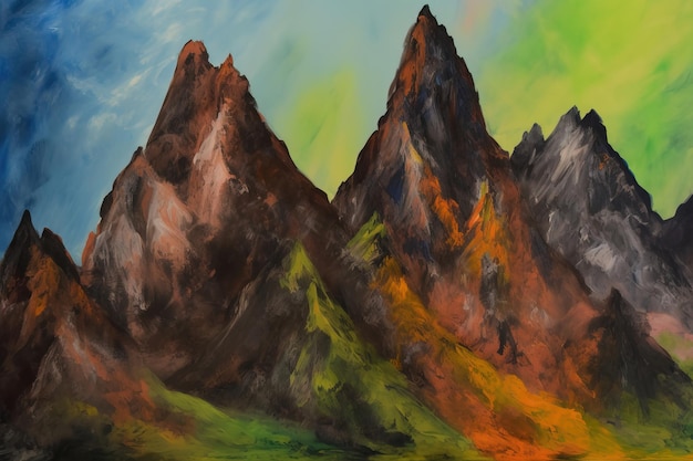 Une peinture de montagnes avec de la peinture verte et orange et le mot le mot en bas